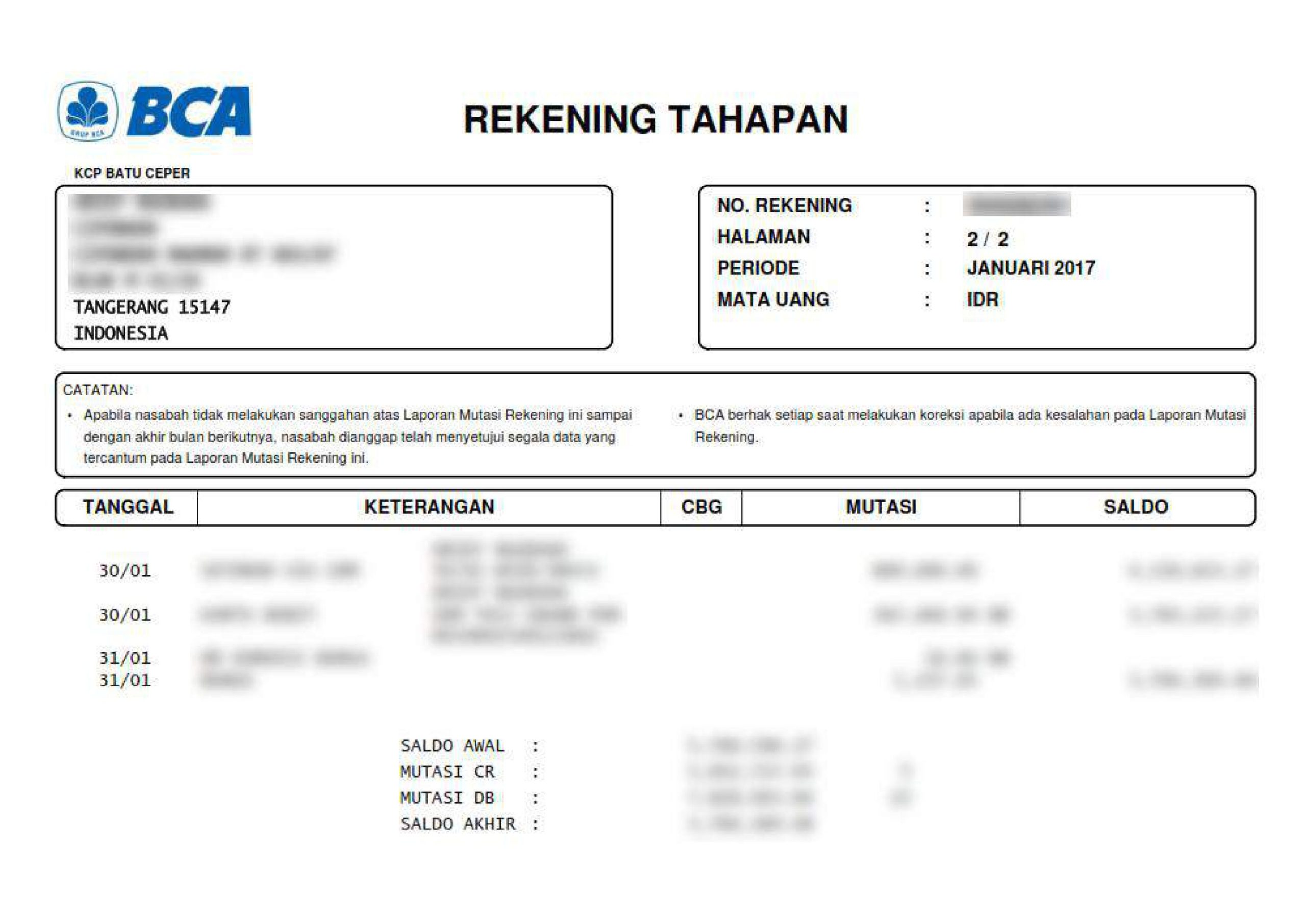 Biaya cetak rekening koran BCA